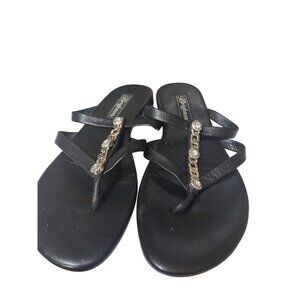 Brighton 8 Black‎ Leather Aruba Sandals With Rhinestone Chain Accent